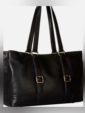 Frye Black Leather Tote with Gold Buckle Accents